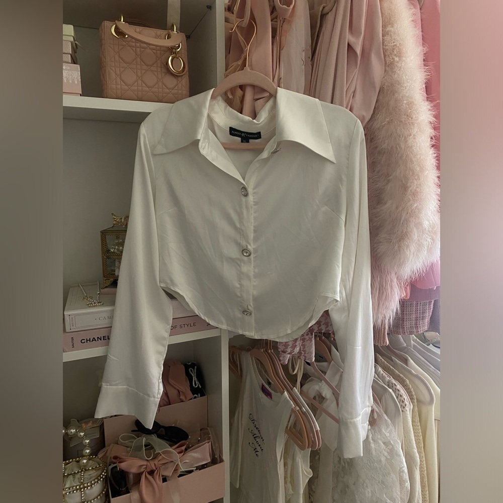 Ivory rhinestone button up satin top shirt
